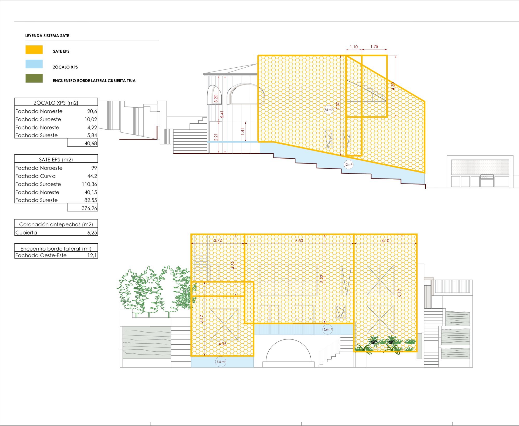 Façade elevations with the external insulation system (SATE) marked in yellow, with surface tables.