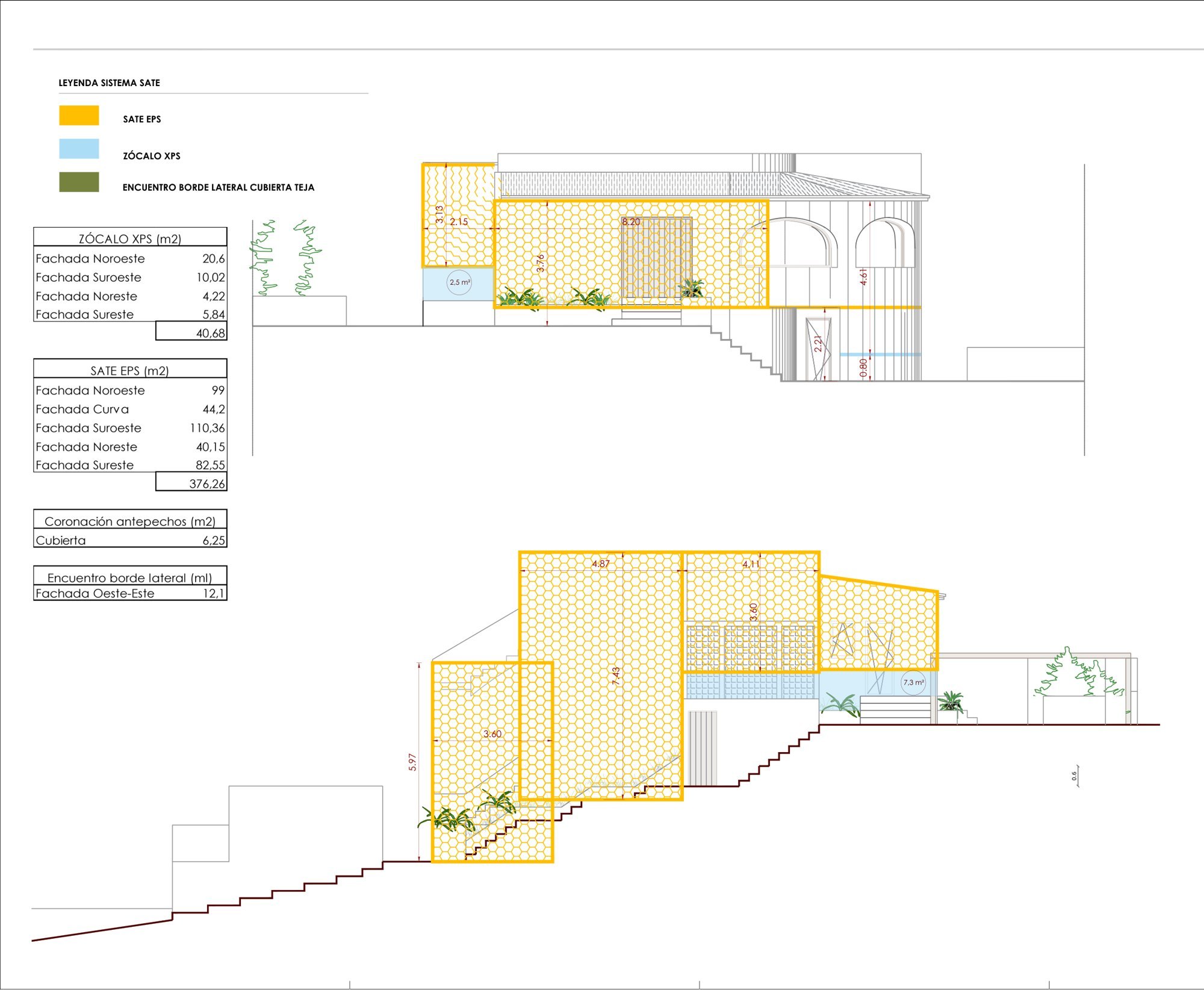 Further façade elevations with the external insulation system marked in yellow.