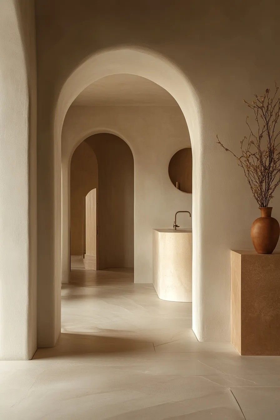 Reference image: a succession of plastered arches with a stone basin block.