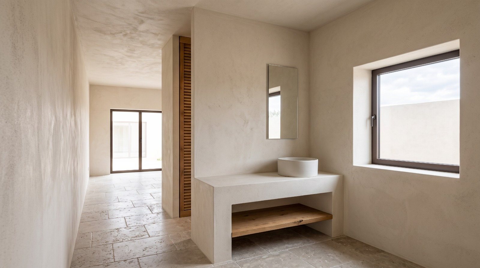 Plastered bedroom with a built-in basin counter, an oak shelf and a window.