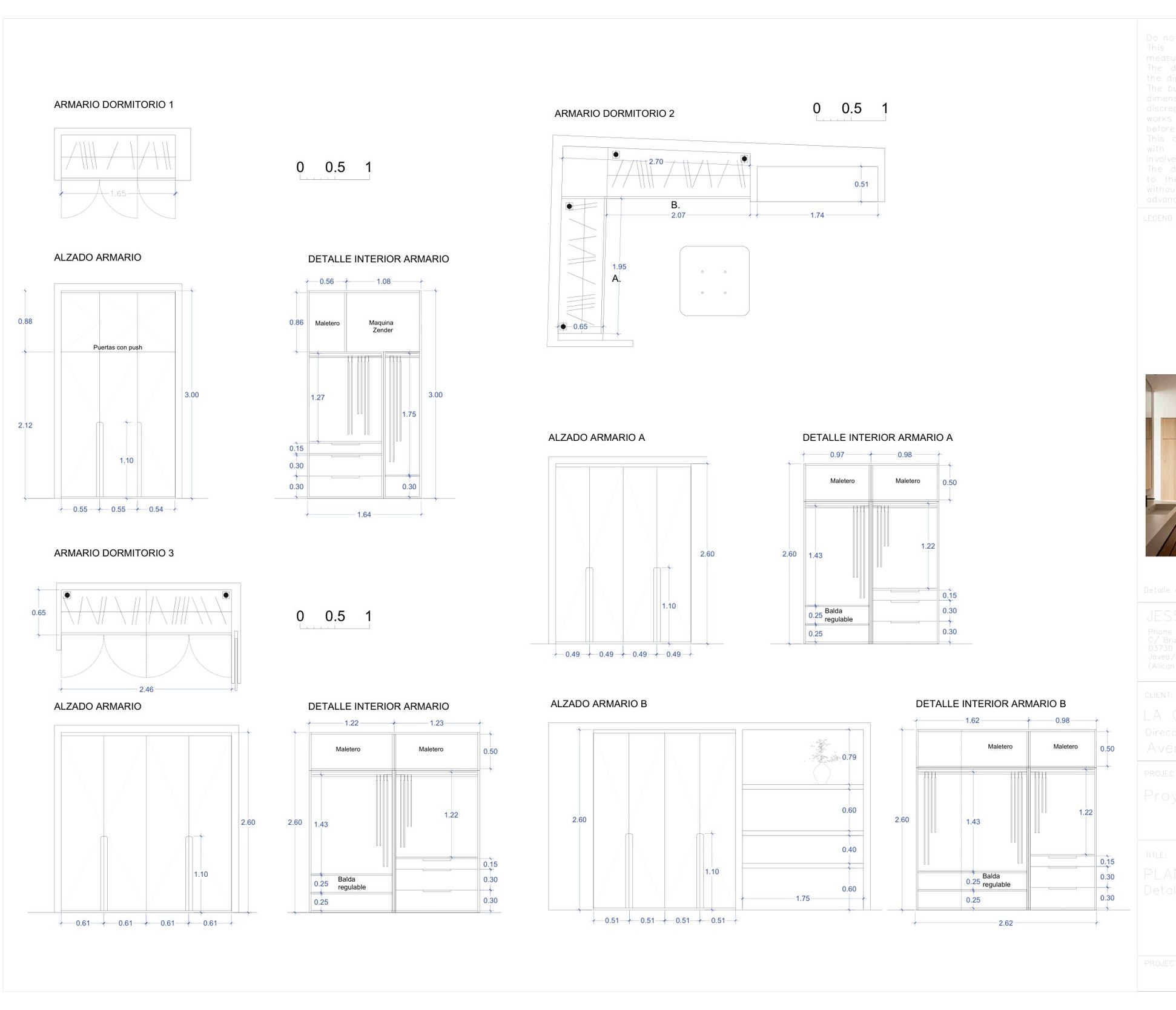 Interior joinery drawing: elevations and interior details of the bedroom wardrobes.