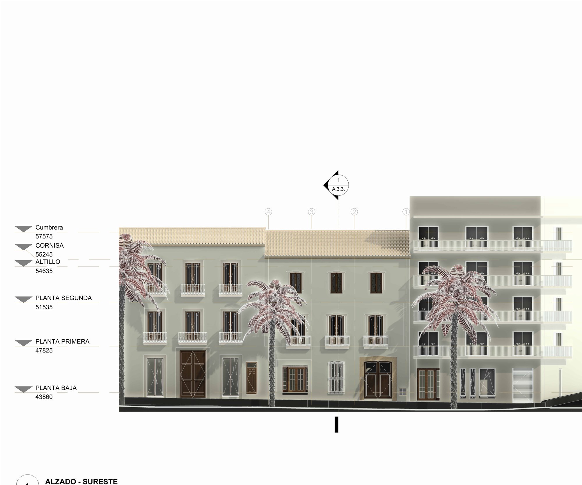 South-east elevation in colour: the historic façade restored, between its neighbours.
