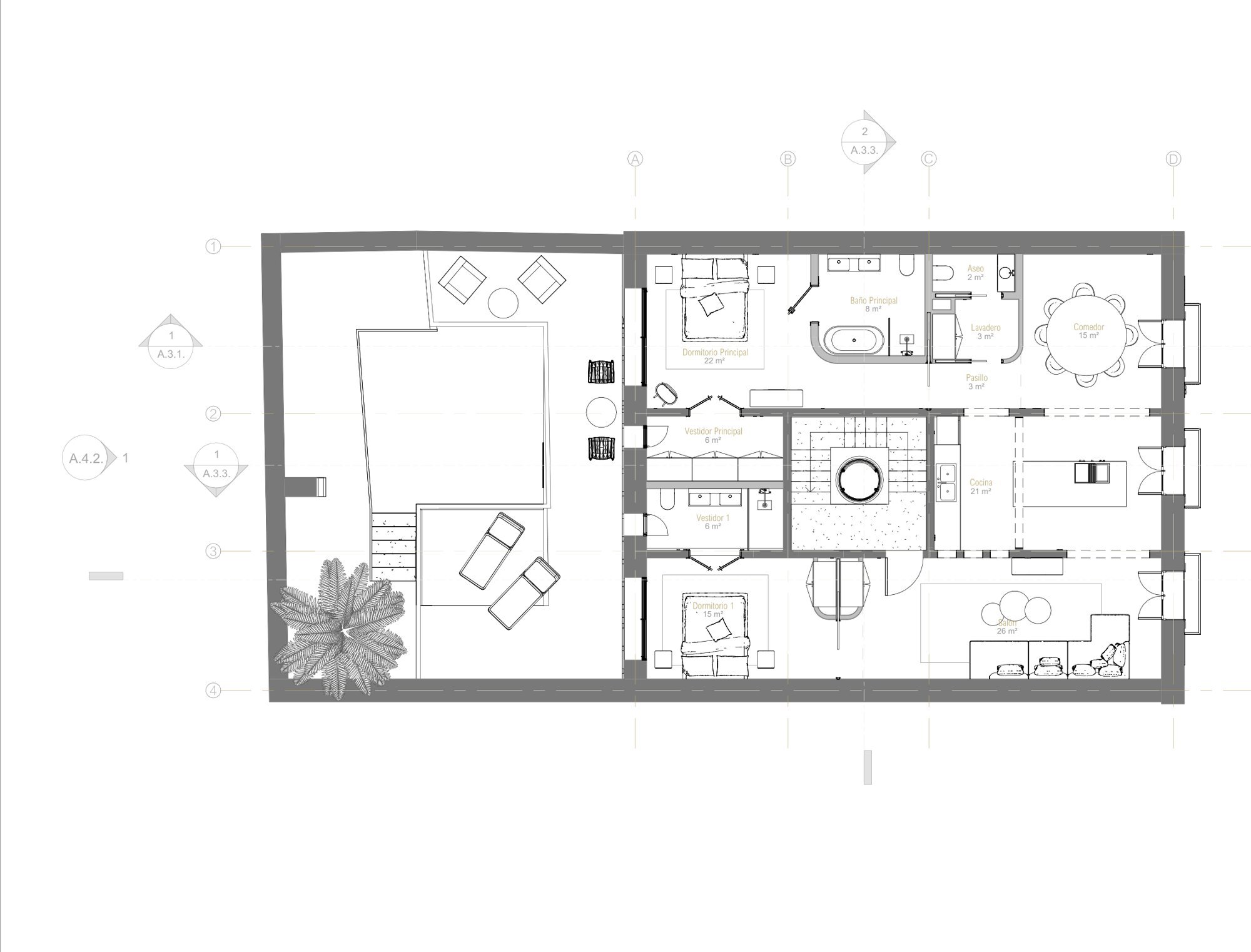 First-floor distribution plan with bedrooms, bathrooms and the central staircase.