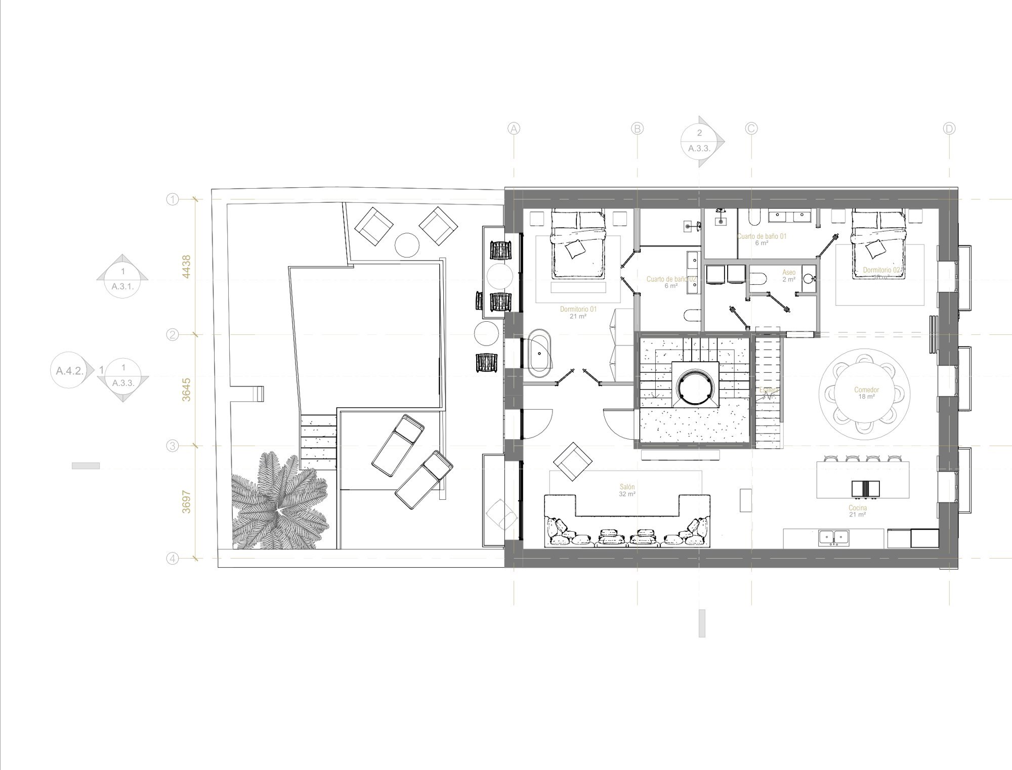 Second-floor distribution plan with living, dining and kitchen around the staircase.