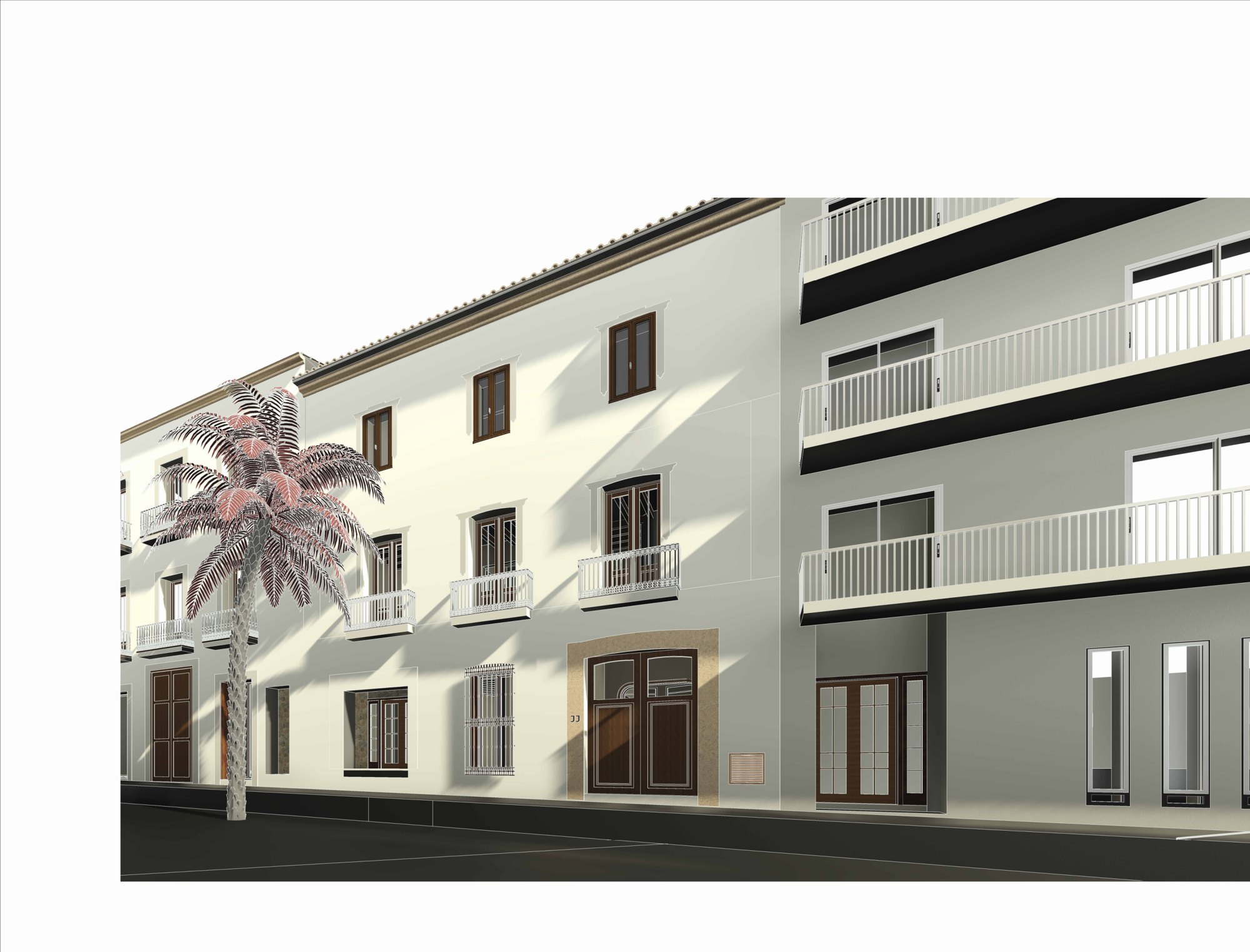 Render of the restored street façade of Heritage 13 with its neighbours on Avenida d'Alacant.